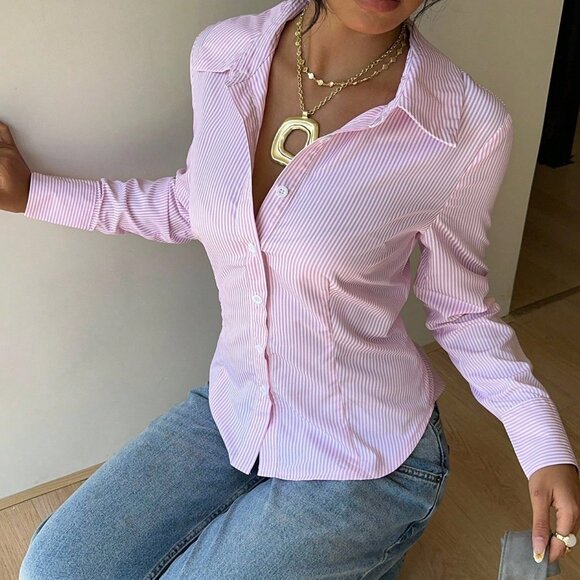 Pink Casual Women's Striped Tie-Waist Slim Fit Long Sleeve Shirt - Picture 4 of 6